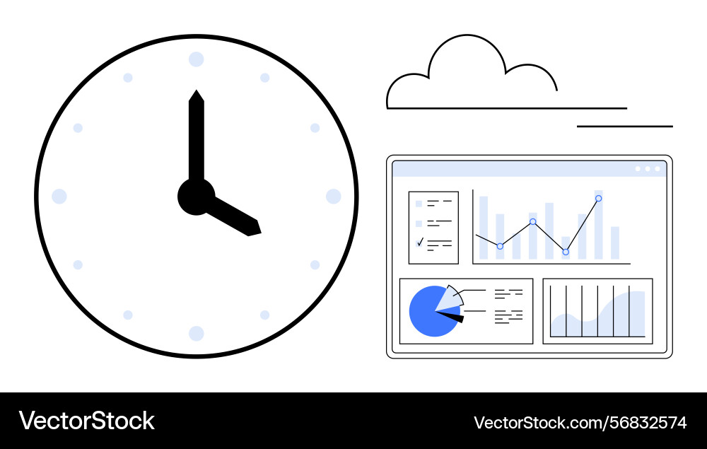 Clock and data analytics dashboard representing Vector Image