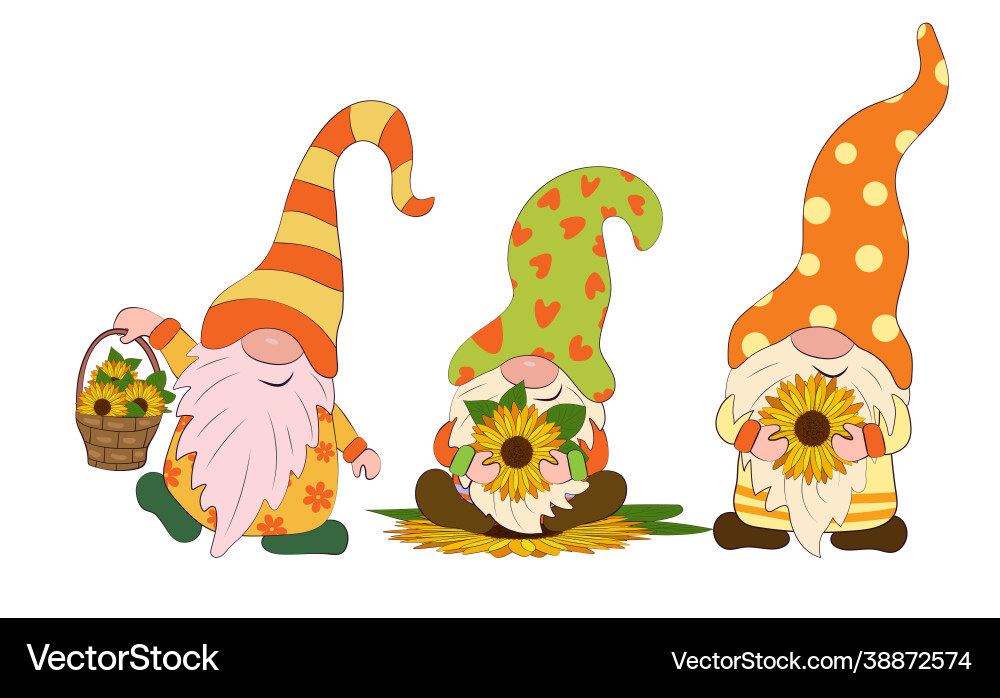 Fröhliche Gnome mit Sonnenblumenblüten Fröhliche Gnome mit Sonnenblumenblüten vektorbild