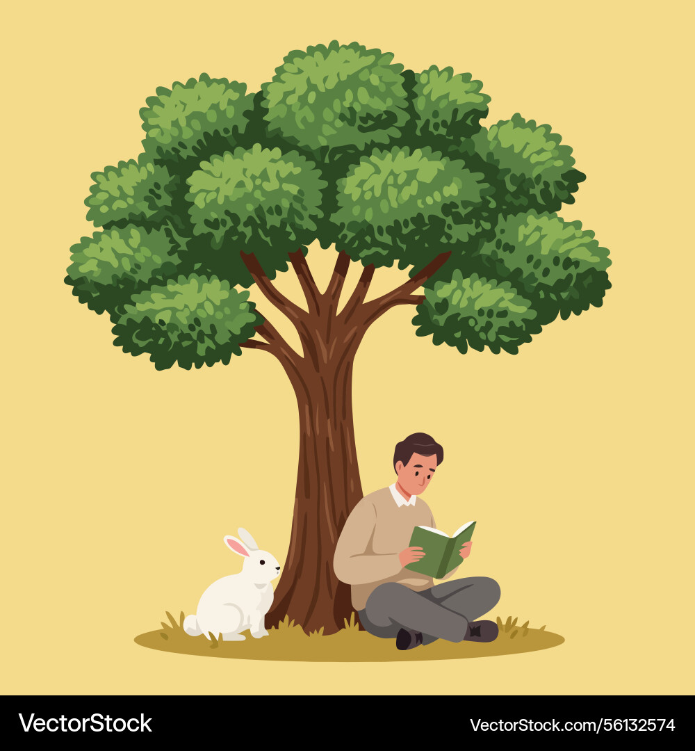 Man reading book under tree with rabbit Vector Image