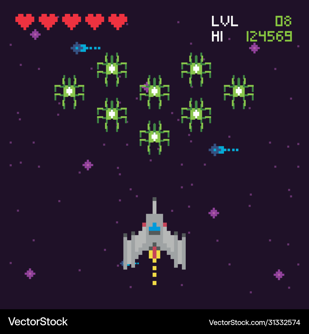 Retro video game space pixelated scene Retro video game space pixelated scene Vector Image
