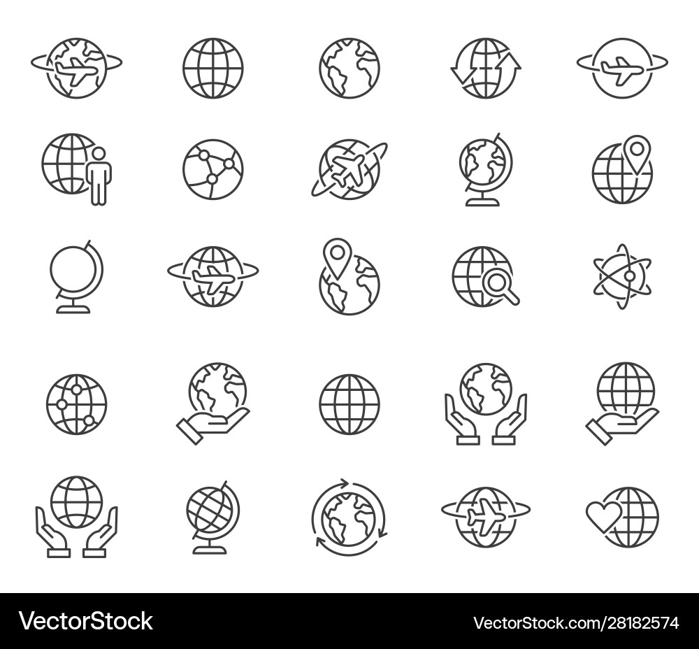 Thin Line Globe Icons - World Map Set Vector Image