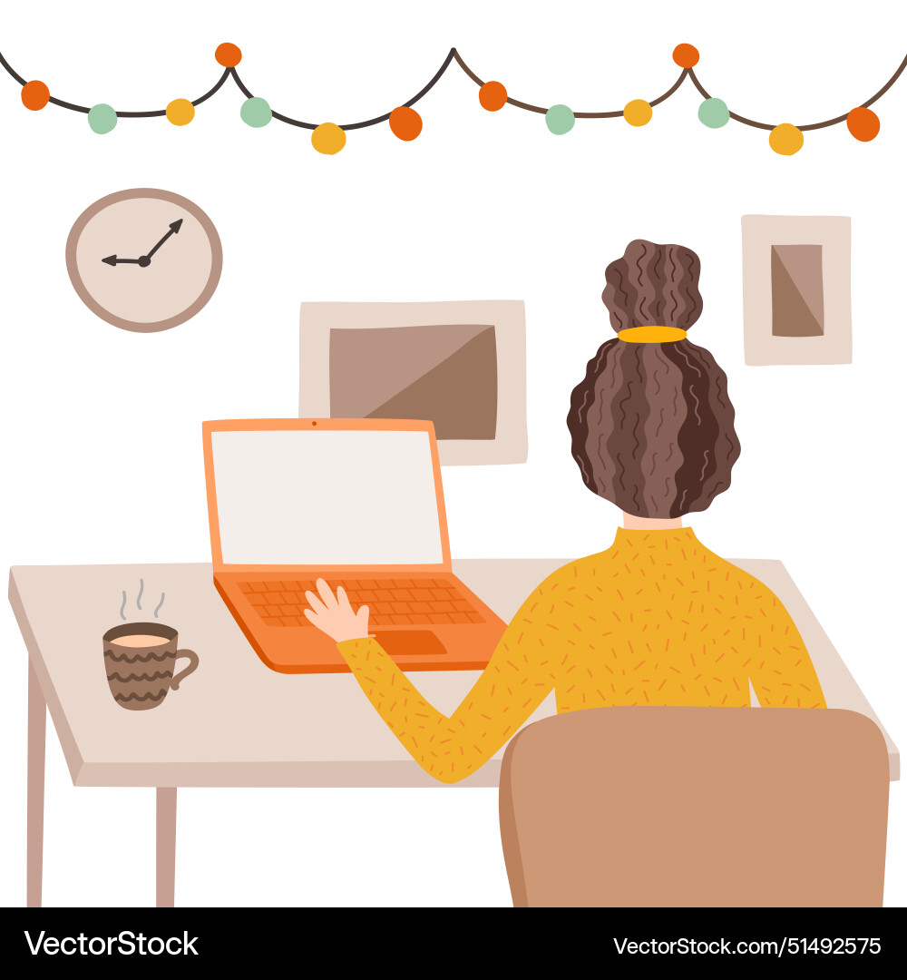 Girl works before computer typing on keyboard Girl works before computer typing on keyboard vector image