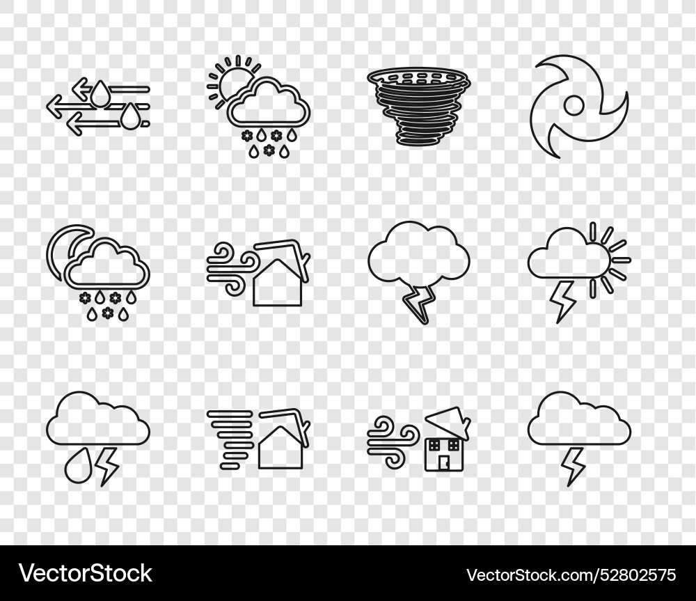 Set line cloud with rain and lightning storm Set line cloud with rain and lightning storm Vector Image