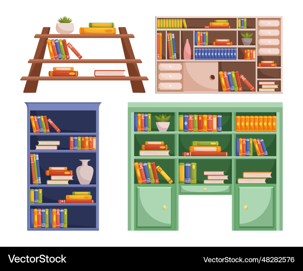 Bookcases or library shelves adorned with an array Bookcases or library shelves adorned with an array Vector Image