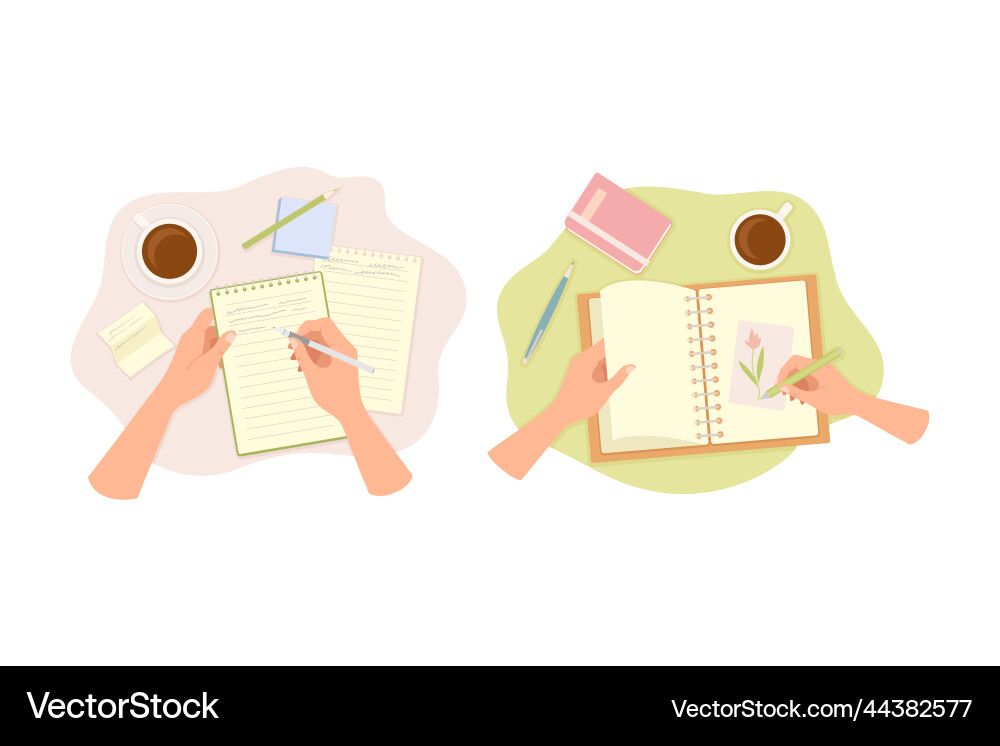 Hands writing something in notepad and drawing Hands writing something in notepad and drawing vector image