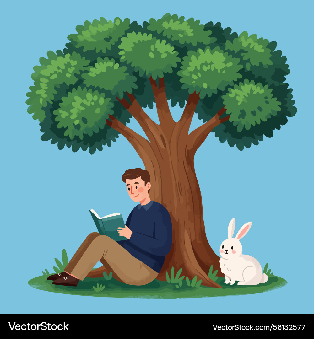 Reading under tree with rabbit companion Vector Image