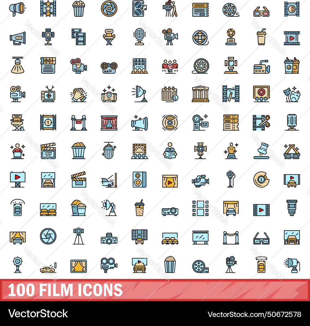 100 film icons set color line style vector image