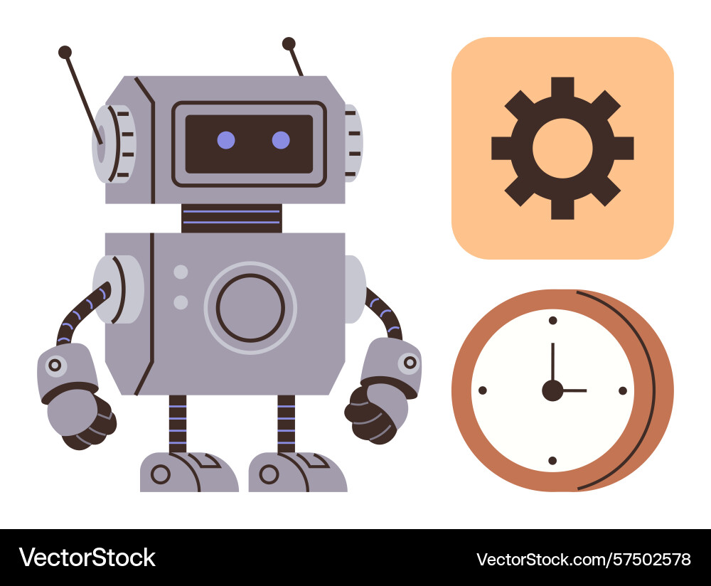 Futuristic robot with clock and gear representing Futuristic robot with clock and gear representing Vector Image