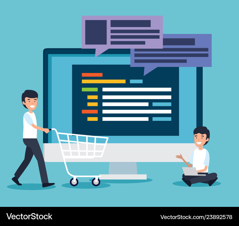 Men with computer website information and chat Men with computer website information and chat vector image