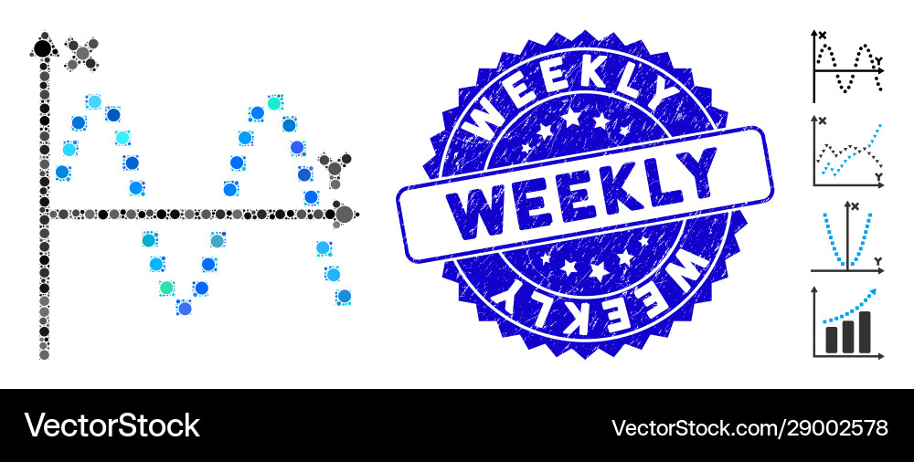 Mosaic sine plot icon with scratched weekly seal Mosaic sine plot icon with scratched weekly seal vector image