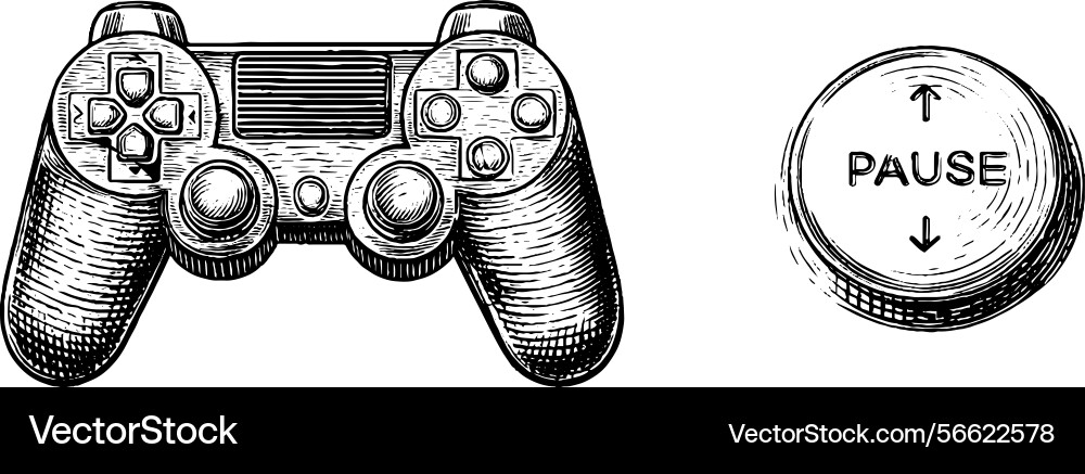 Retro gaming controller and pause button engraved Retro gaming controller and pause button engraved vector image
