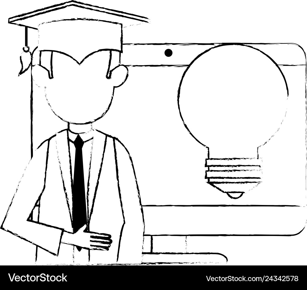 Student graduated with computer and bulb Vector Image