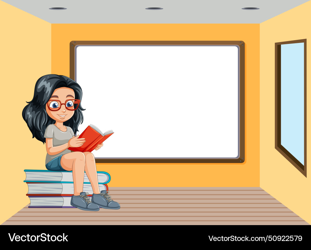 Cartoon girl reading on a pile of books Cartoon girl reading on a pile of books vector image