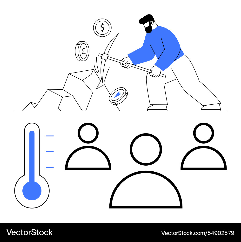Miner extracting currency with pickaxe Miner extracting currency with pickaxe Vector Image