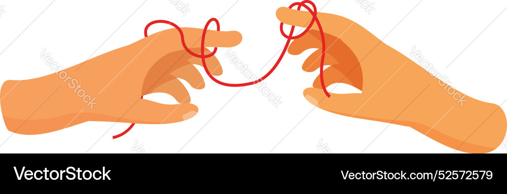 Two hands connecting with red string on white Two hands connecting with red string on white vector image