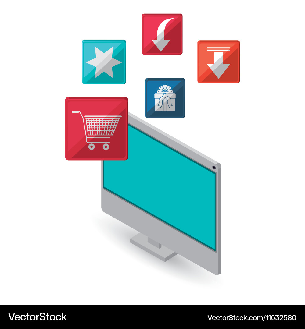 Computer with internet related icons image Vector Image