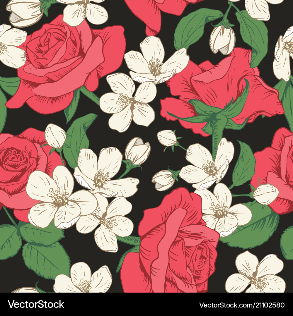 Floral Spring Pattern - Roses & Cherry Blossoms Vector Image