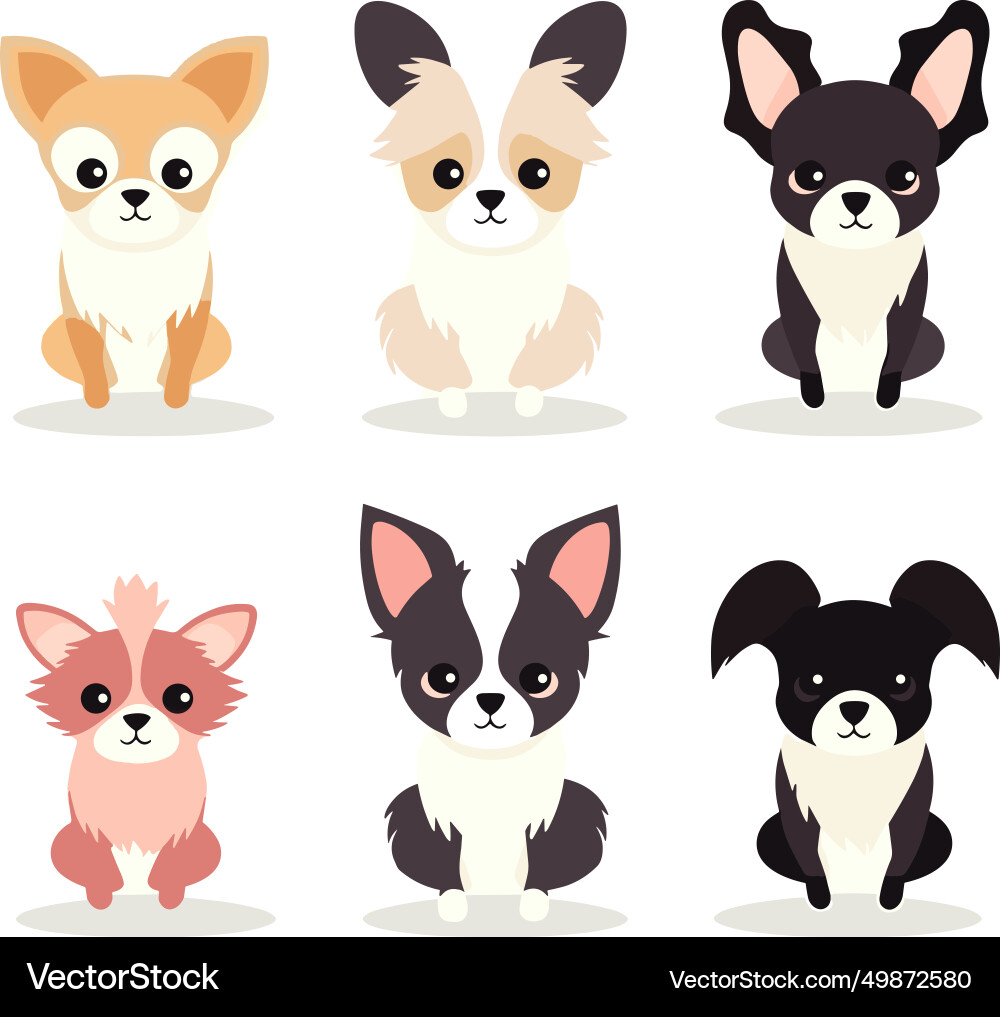 Sechs niedliche Chihuahunde sind in verschiedenen Sechs niedliche Chihuahunde sind in verschiedenen vektorbild