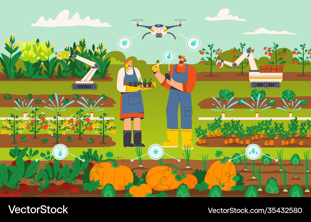 Smart Farming with Drones and Robots vector image