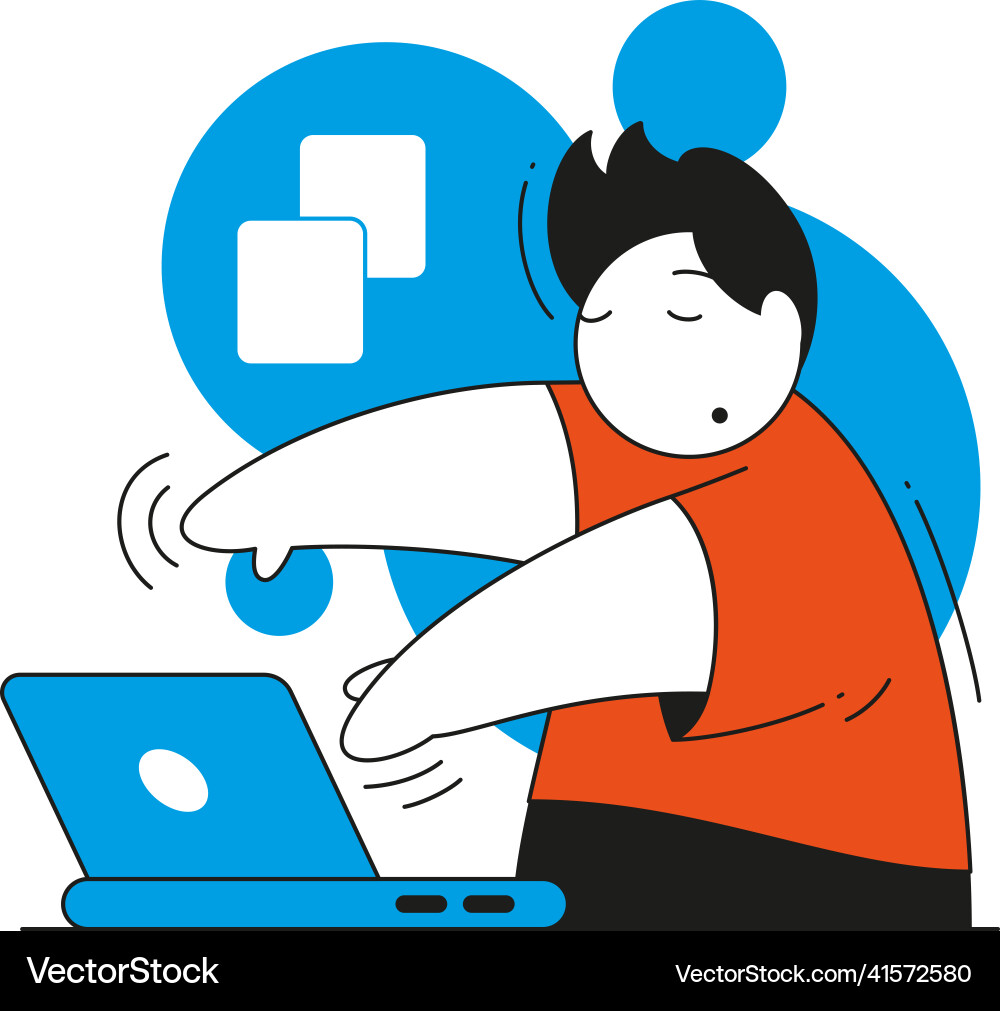 Tired male employee working on laptop with closed Tired male employee working on laptop with closed vector image