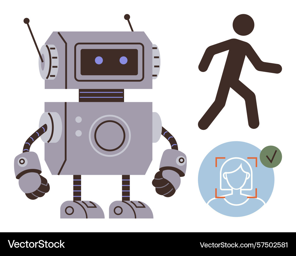 Robot with face recognition and human motion Robot with face recognition and human motion vector image