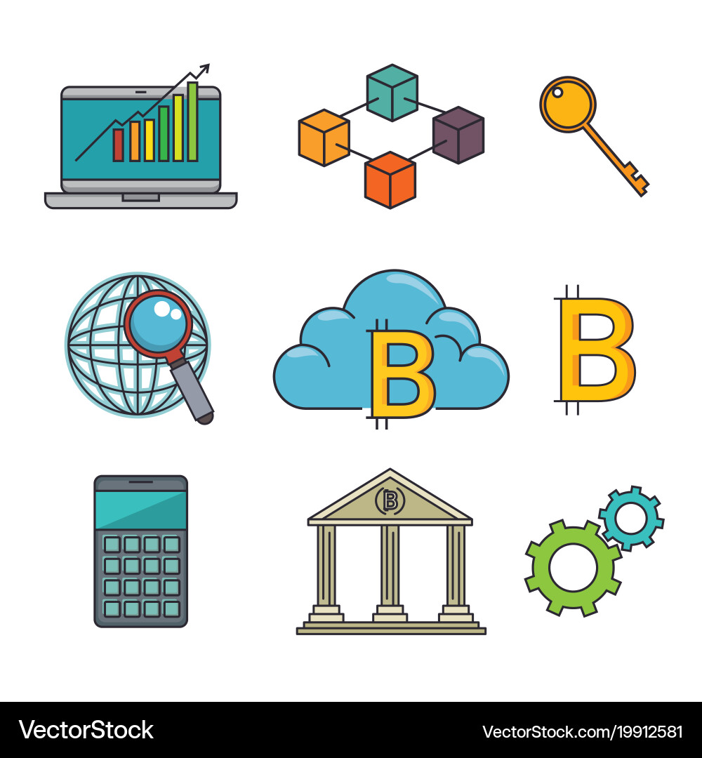 Set of blockchain and bitcoin technology icon Vector Image