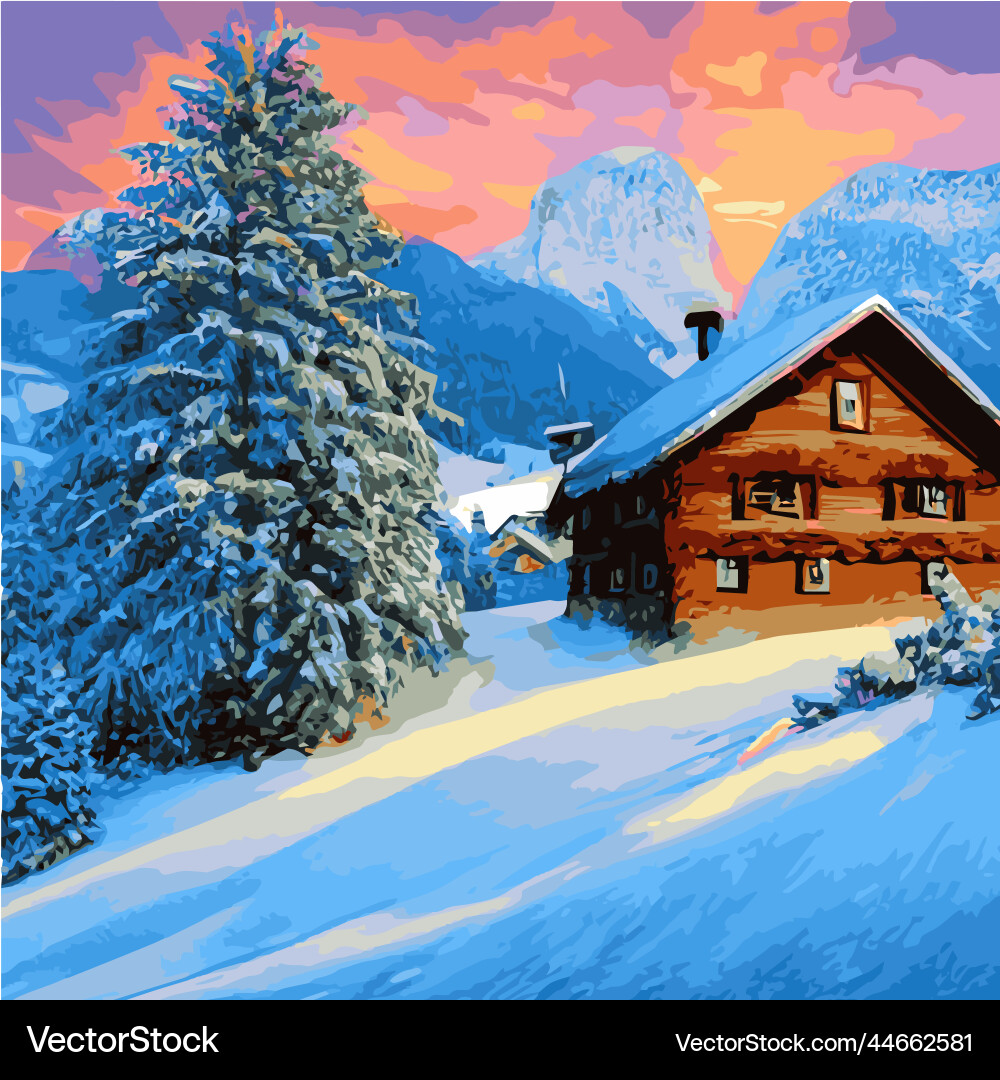 Winter Berglandschaft mit Holzhaus Winter Berglandschaft mit Holzhaus vektorbild