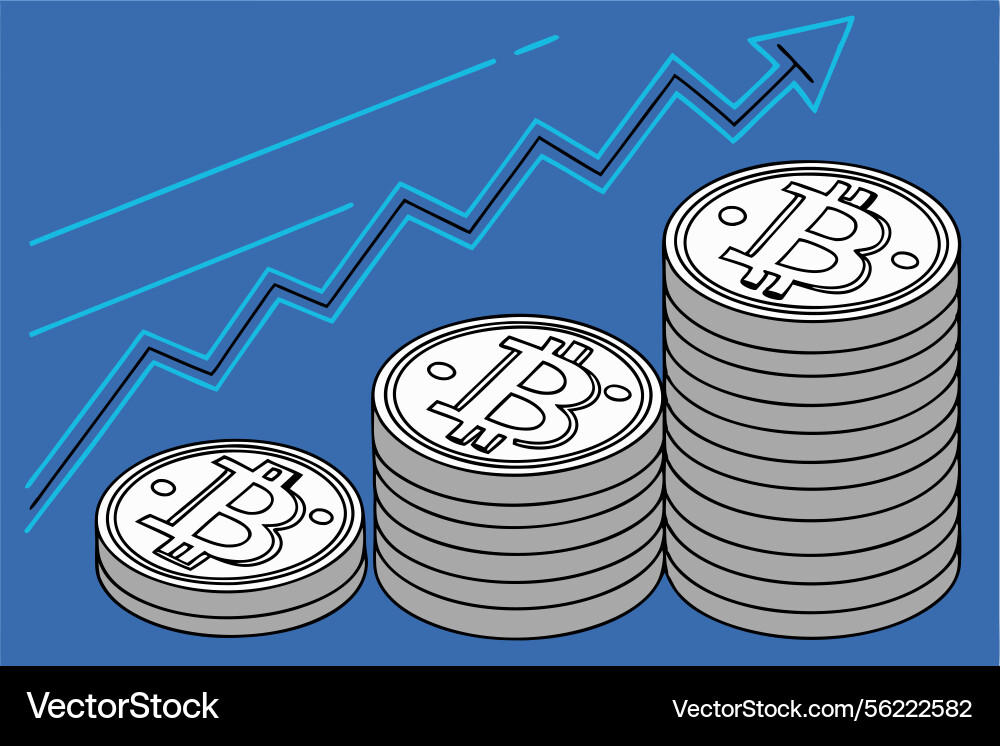 Bitcoin currency stacked with a graph indicating Vector Image