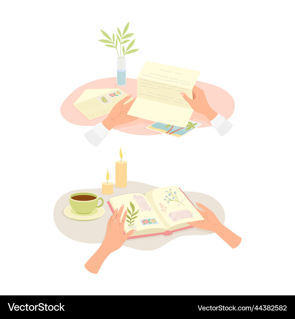 Hands with open diary or notepad and reading Hands with open diary or notepad and reading Vector Image