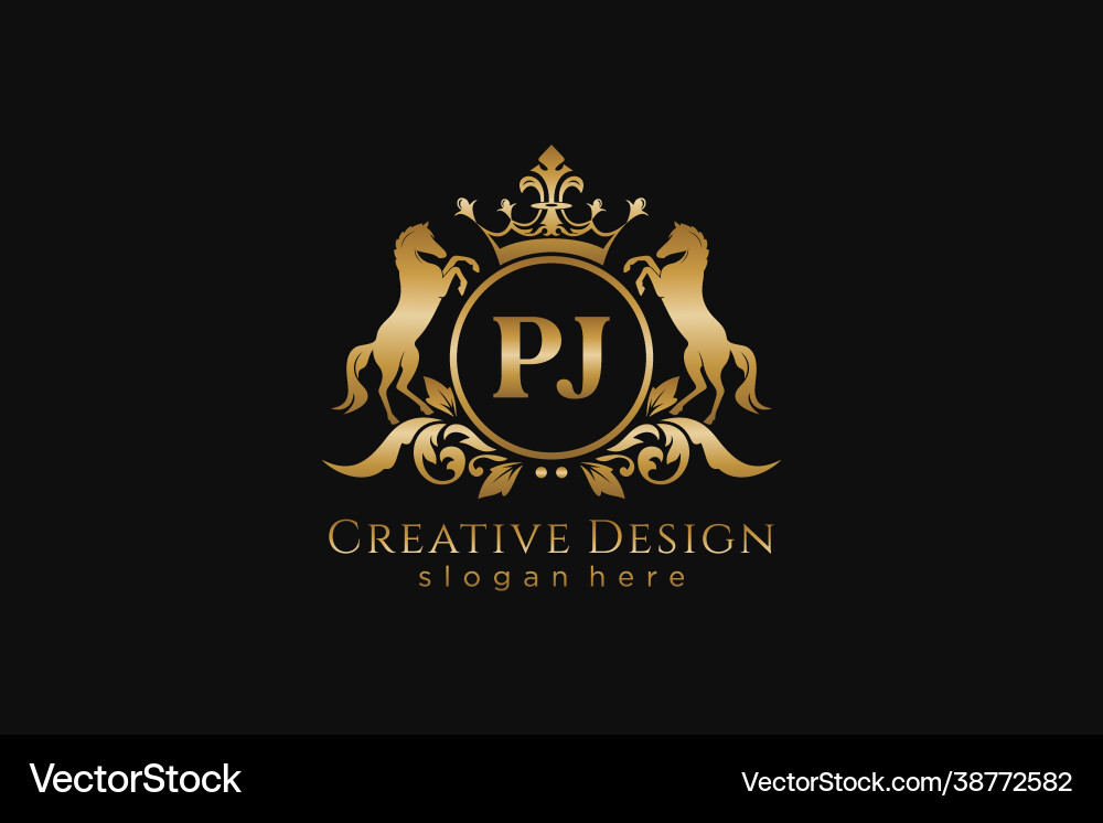Initial pj retro golden crest with circle and two vector image