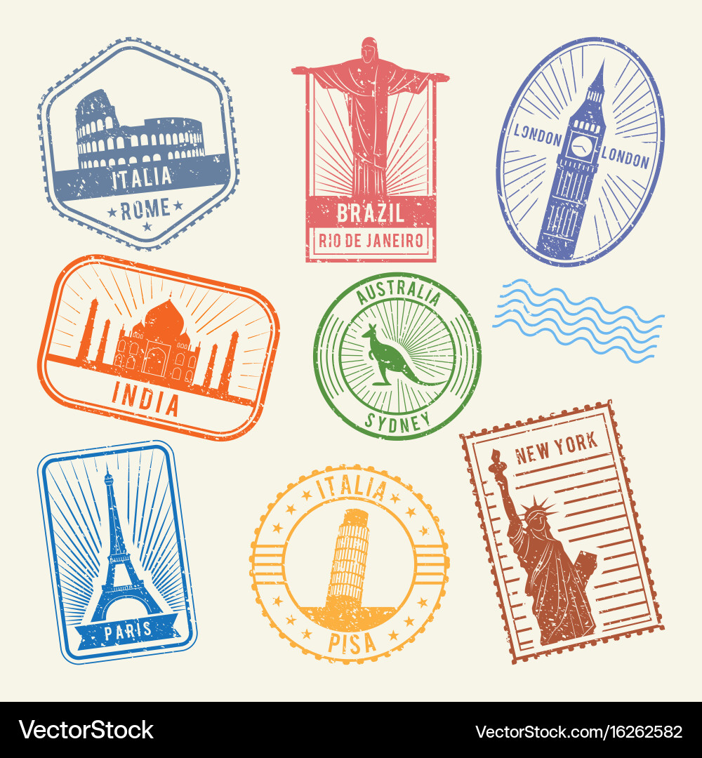 Postal stamps with famous world architecture Vector Image