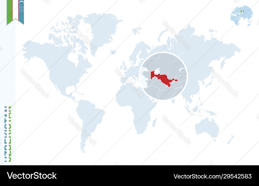 Blue world map with magnifying on uzbekistan Vector Image