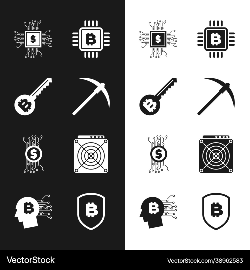 Set pickaxe cryptocurrency key processor chip Set pickaxe cryptocurrency key processor chip vector image