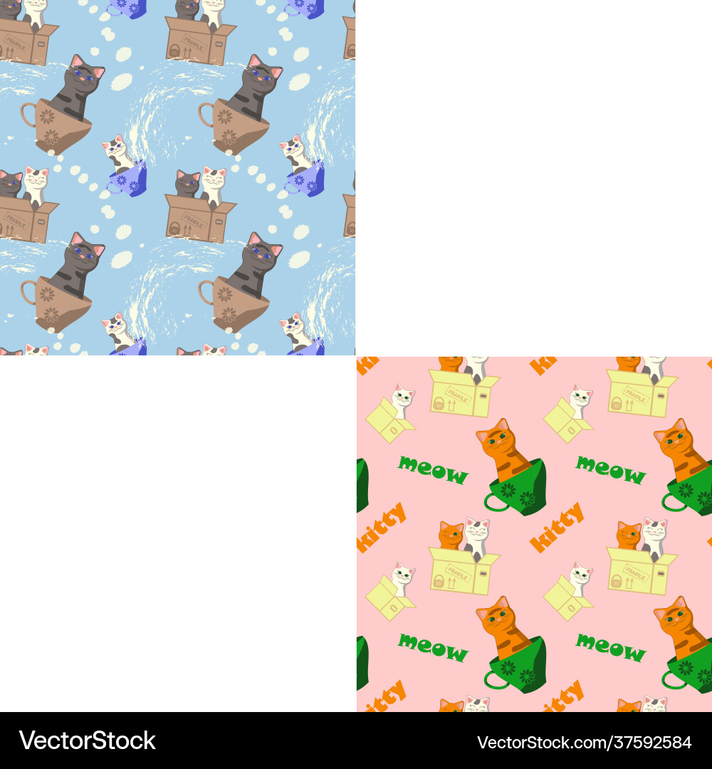 Seamless patterns with cats in cups and boxes Seamless patterns with cats in cups and boxes vector image