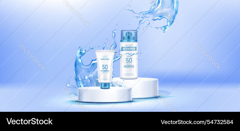 Sunscreen product display with water splash effect Sunscreen product display with water splash effect vector image