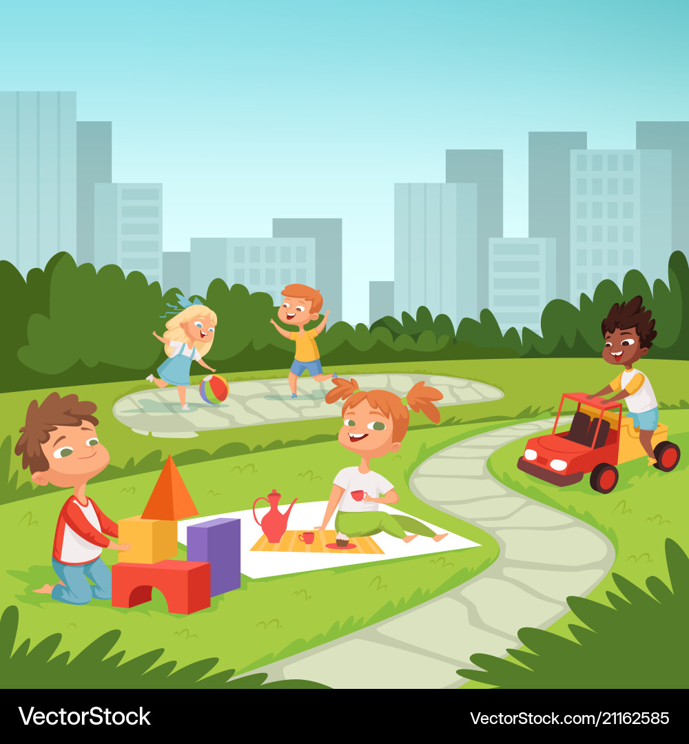 Kinder spielen in Bildungsspielen draußen Kinder spielen in Bildungsspielen draußen vektorbild