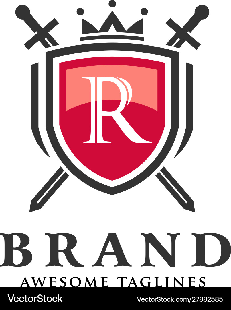 Letter r with two crossed swordsshield crown Letter r with two crossed swordsshield crown vector image