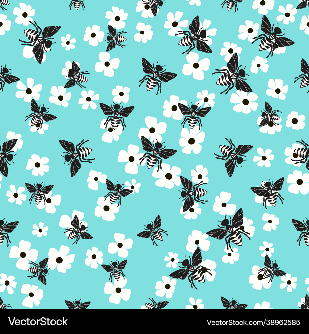 Seamless pattern with bees and flowers on color Vector Image