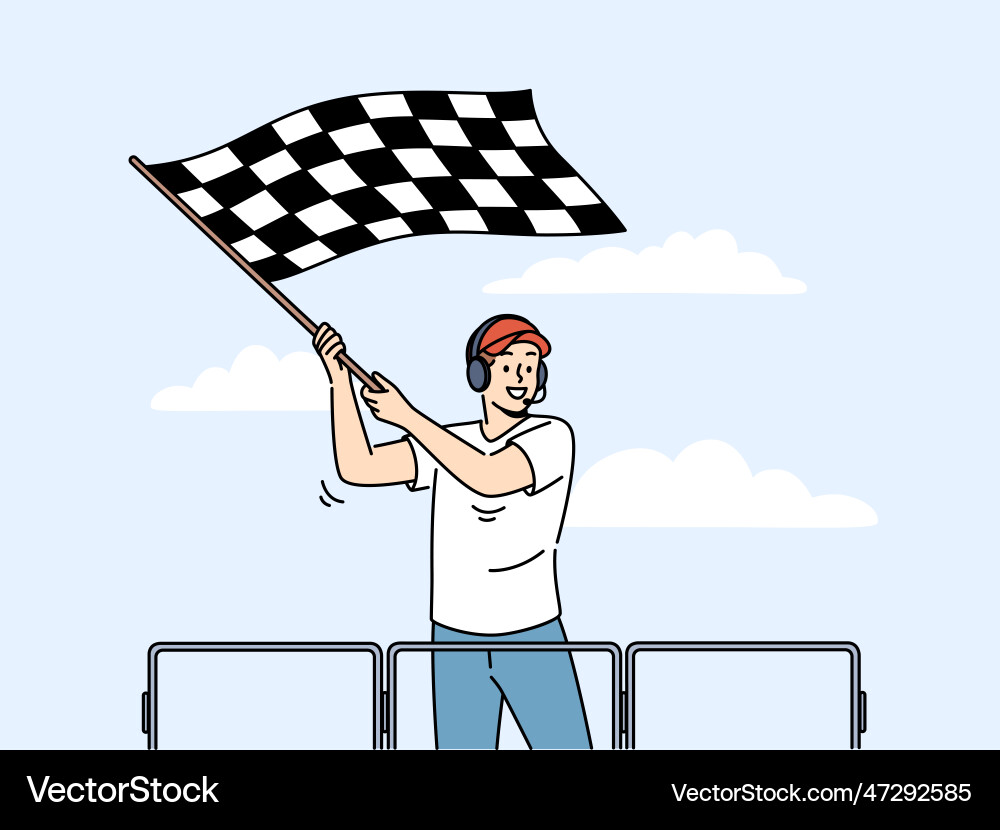 Smiling man wave with checkered flag at racing Smiling man wave with checkered flag at racing Vector Image