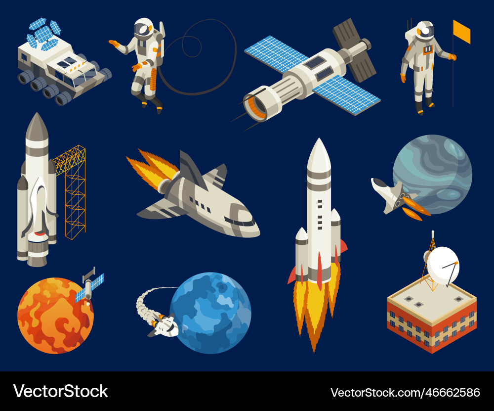 Spaceship isometric space elements set with earth Spaceship isometric space elements set with earth Vector Image