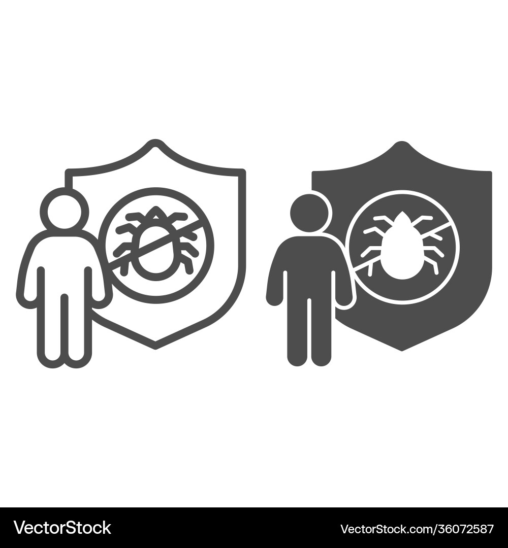 Man with shield and insect line solid icon Man with shield and insect line solid icon Vector Image