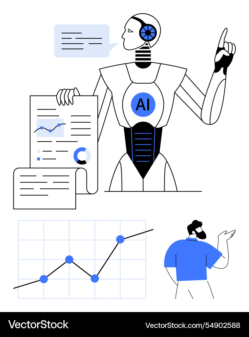 Ai-powered robot analyzing data pointing up Ai-powered robot analyzing data pointing up vector image