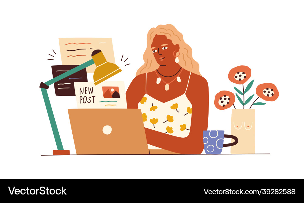 Blogger working with laptop creating content Blogger working with laptop creating content vector image