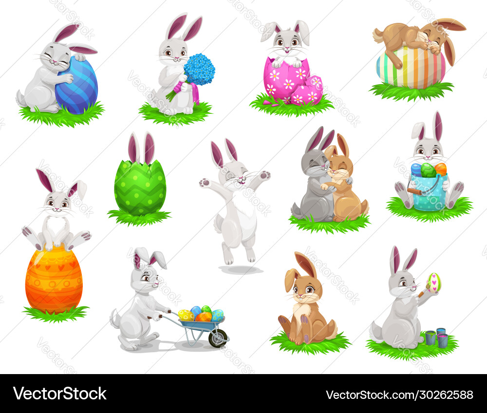 Cute Easter Rabbits with Eggs Royalty Free Vector Image
