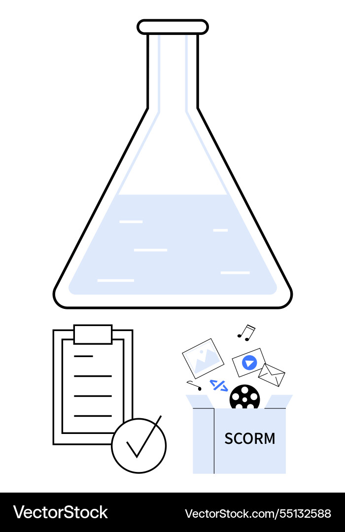 Flask with liquid next to checklist and scorm Flask with liquid next to checklist and scorm vector image