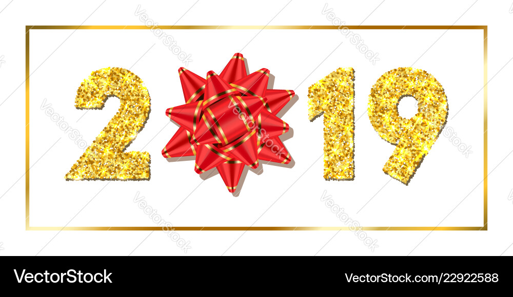 Happy new year card 3d gift ribbon bow gold Happy new year card 3d gift ribbon bow gold vector image