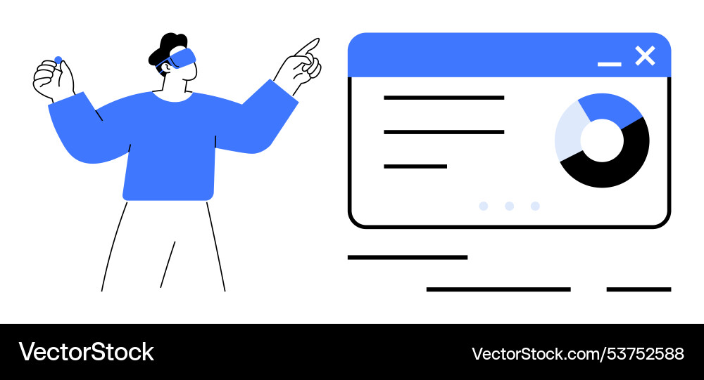 Man analyzing data on web interface with pie chart Man analyzing data on web interface with pie chart Vector Image