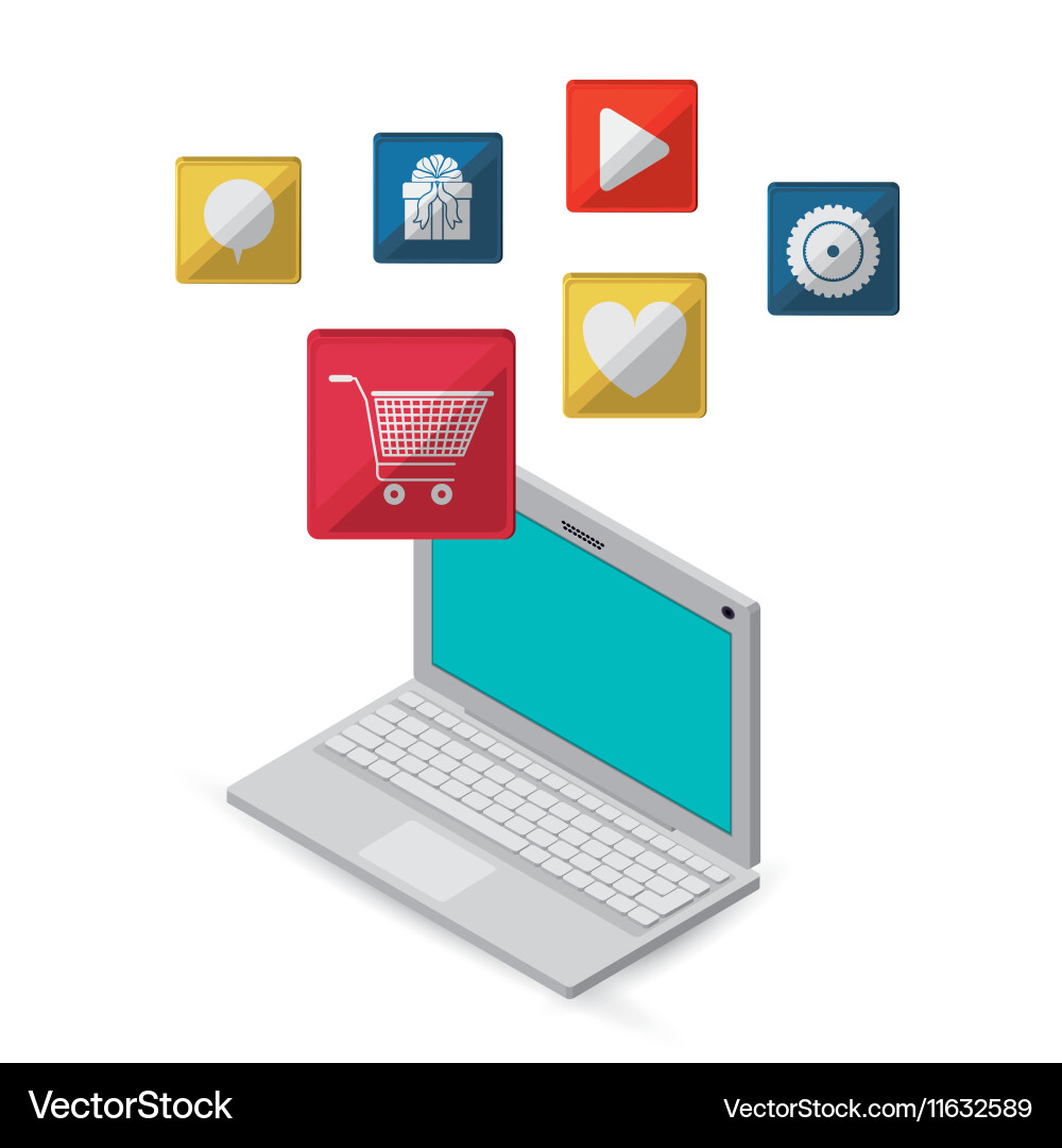 Computer with internet related icons image Vector Image