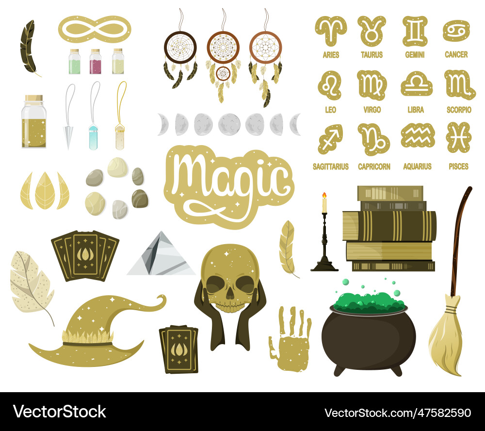 A set of magical attributes and symbols Vector Image