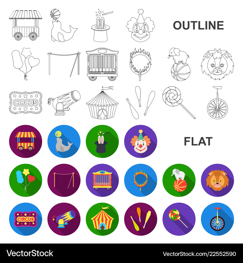 Circus and attributes flat icons in set collection Circus and attributes flat icons in set collection Vector Image